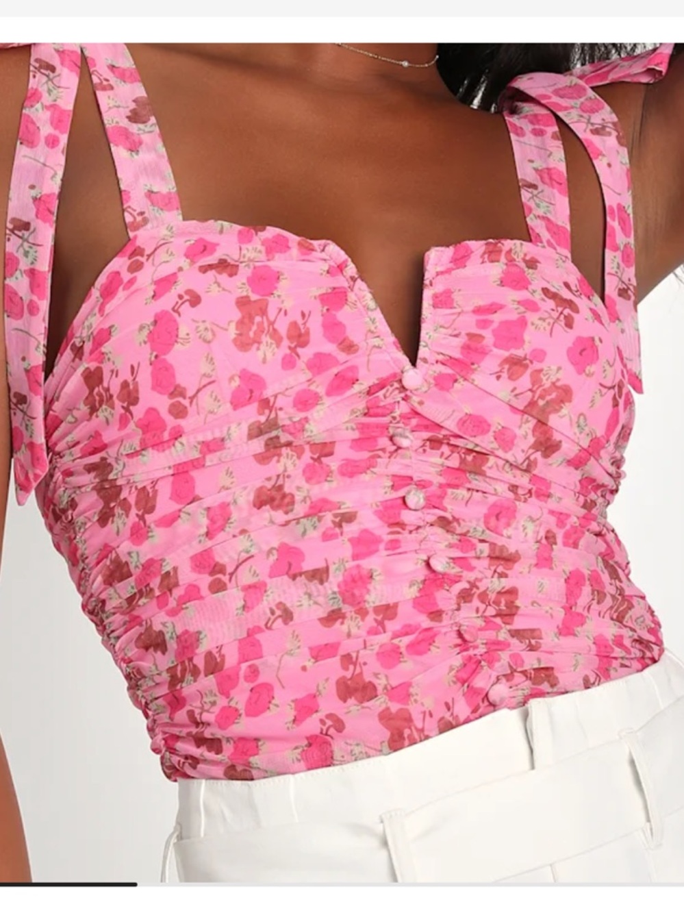 Lulu's Pink Floral Ruched Tie-Shoulder Crop Top